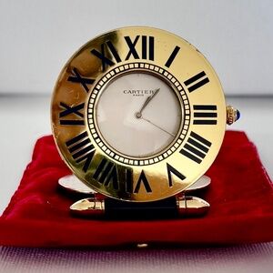 CARTIER - ORIGINAL 80's ROUND ROMAN FOLDING ALARM CLOCK - GOLD/BLUE - WORKING